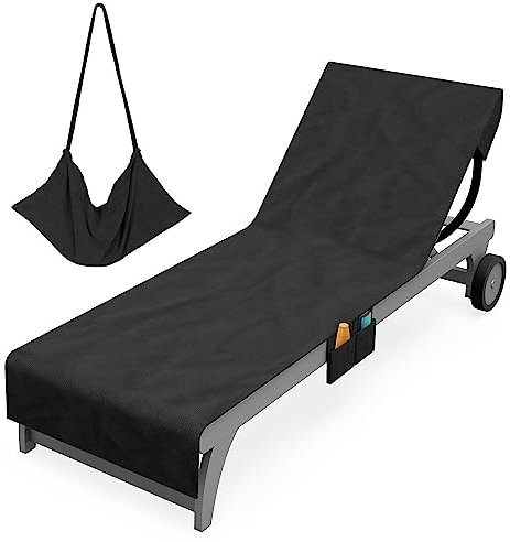 Vinsani Sun Lounger Beach Towel Carry with Pockets Sand Free Compact Bag Soft Microfibre Quick Dry Lightweight 215 x 73 cm for Holiday Summer Garden Swim Pool Beach Lounger Towels – Black