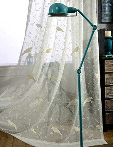 Lactraum Vorhang Kinderzimmer transparent Weiss mit Ösen Bestickt Vogel Tiere Voile 145 x 245cm