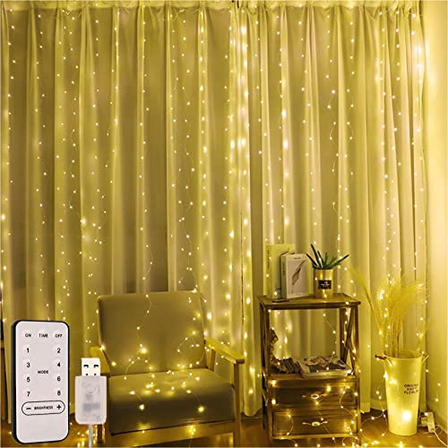 Willingood Lichterkette, Lichtervorhang 3 * 3m, 8 Modi Lichterketten für Aussen Innen, 300 Led lichterkettenwand mit Fernbedienung Timer USB für Zimmer Fenster Party Deko, Warmweiß