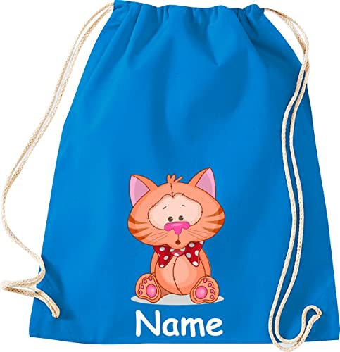 ShirtInStyle Gym Sack Kinder Turnbeutel Tiere Katze mit Wunschnamen, Beutel Tasche Hort Kita, Farbe sapphire