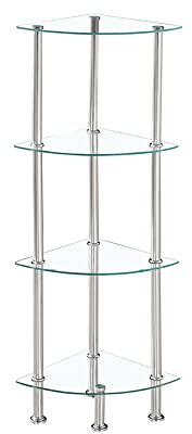 Modernique Glass Shelf Tier Storage Unit, Corner in Black or Clear Glass with Chrome Stand, Shelving Unit (Clear, Tier 4)