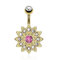 Tata Gisèle Piercing Nombril Banane en Acier Chirurgical 316 L, Cristal et Oxyde de Zirconium - Tige Dorée avec Cristal on Top et Fleur Incrustée de Cristals et avec Un Zircon Central - (Clair/Rose)