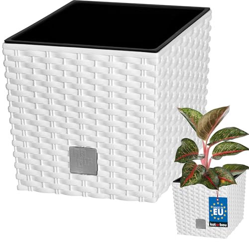 KOTARBAU® Macetero con Maceta Interior, 200 mm, Ratan sintético, Blanco, Maceta Rato con patrón de Trenzado Que imita el Mimbre, Maceta Interior separada, extraíble, Cesta