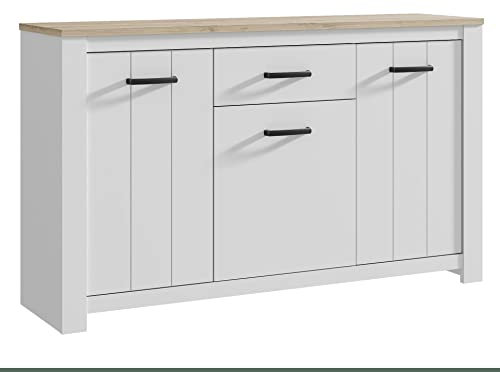Newroom Kommode Weiß Matt und Bianco Eiche Sideboard Modern - 161,4x95,7x42,2 cm (BxHxT) - Highboard Anrichte - [Akil.Two] Wohnzimmer Wohnstube