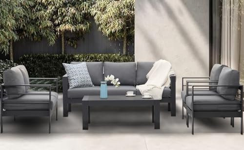 GLP Gartenmöbel Set Aluminium 6-7 Personen, Terassenmöbel Wetterfest mit Sofa, Tisch, Hocker & Kissen, Gartenlounge Set für Innen- und Außenbereich (Grau & Dunkelgrau)