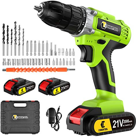 Conentool 21V Cordless Drill with 2 * 2000mAh Batteries, 45N.m Electric Drill, 0-650/0-1850rpm 2 Speed Combi Drills, 25+1 Torque Setting Power Drill, 36pcs Accessories Electric Screwdriver Set, Green