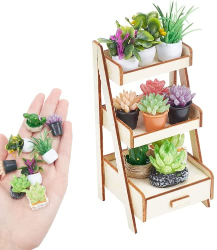 PLIGREAT 11 Pcs Miniature Potted Plants Set with Wooden Shelf, Mini Flowerpot Fake Greenery Ornament, Mini Plant Shelf Kit for Miniature Garden Cute Mini House Dollhouse Decor Fairy Garden Decoration