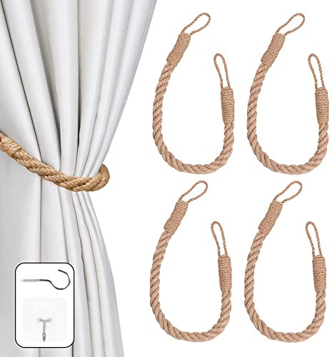 OCIOLI 4 Stück Hanf Seil Vorhang Raffhalter Raffhalter für Vorhänge Vorhang Halter Dekorative Handmade Krawattenhalter Vorhanghalter Vorhang Krawattenhalter für Vorhänge (4, Khaki)