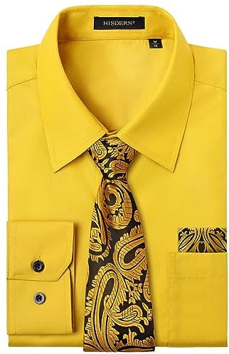 HISDERN Men's Yellow Shirts Long Sleeve Smart Formal Plain Dress Shirt and Tie Set Business Casual Wedding Regular Fit XL