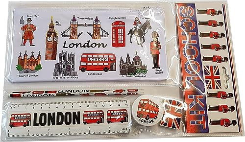 Souvenirs London Pencil Case with Pencil, Sharpener, Ruler & Union Jack Eraser - Red Bus Telephone Box Tower Bridge Big Ben - UJ British School Kit