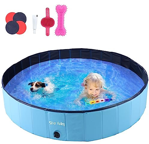 SILVER VALLEY Foldable Dog Paddling Pool Pet Cat Swimming Pool Indoor/Outdoor Collapsible Summer Bathing Tub Shower Tub Puppy Washer Kiddie Pool for Dogs, Cats and Kids (160x30cm / Blue)