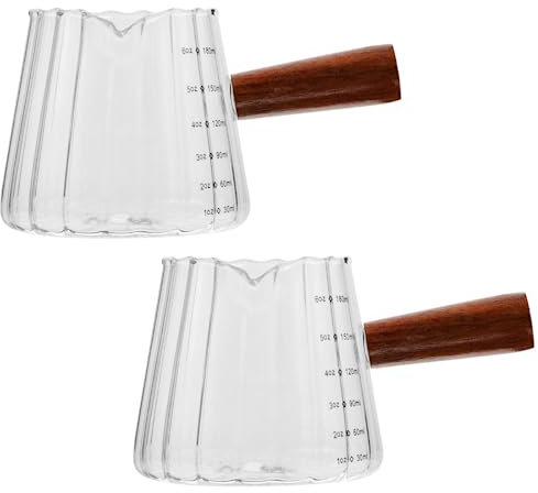 2 Pack Espresso Cups with Wood Handle - Spout Glass Measuring Cup with Dual Scale - V-Shaped Mouth Espresso Shot Glass - Clear Glass Espresso Accessories - 6 oz Milk Frothing Pitcher