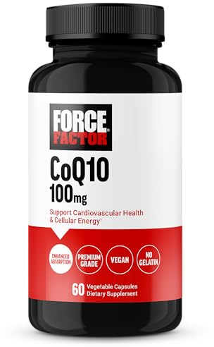 Force Factor CoQ10 100mg, Coenzyme Q10 Heart Health Supplement with Enhanced Absorption, Premium Grade Coq 10, Vegan, Dairy Free, Gluten Free, and Non-GMO, 60 Vegetable Capsules
