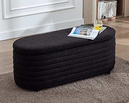Wahson Modern Storage Ottoman Bench Upholstered Window Seat in Faux Fur End of Bed Storage Bench for Bedroom/Entryway,120L, Black