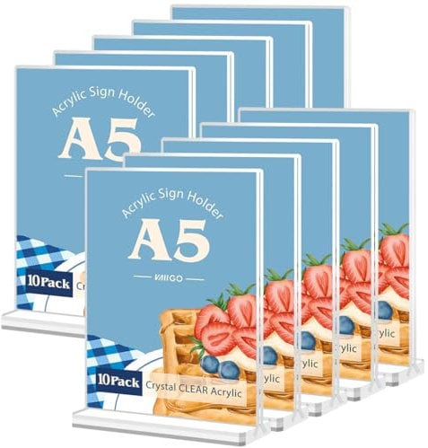 VAIIGO A5 Acrylic Sign Holder - 10Packs Poster Menu Holder for Table, Double-Sided Perspex Display Stand for Restaurant, Bar, Hotel, Office, Store, Counter Leaflet Sign Holder