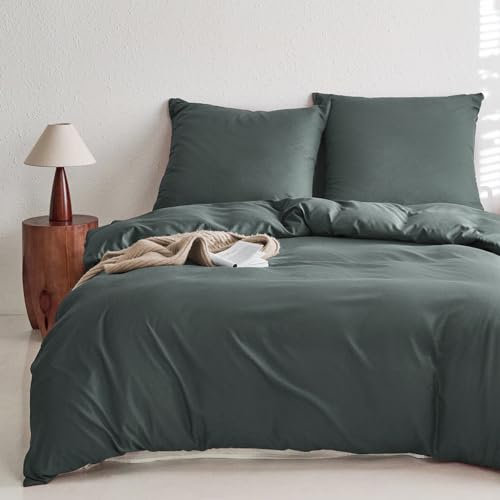 MR&HM Bettwäsche 200x220 3teilig Dunkelgrün - Mikrofaser Bettbezug 200x220 cm Set mit 2 Kissenbezüge 80x80 cm - Komfortabler und weicher Bettbezug für alle Jahreszeiten mit Reißverschluss