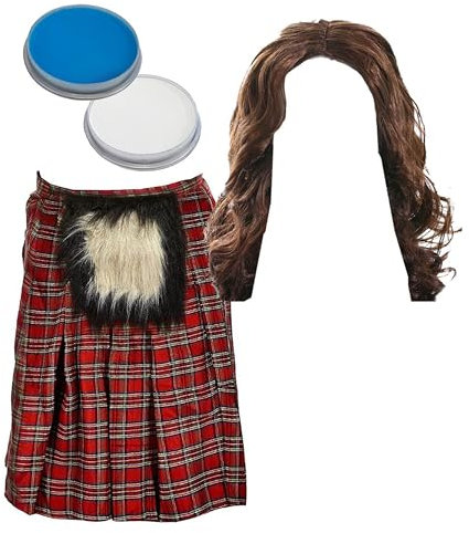 William Wallace Kostüm für Erwachsene – roter Schottenkaro Kilt, lange braune Perücke, blau-weiße Gesichtsfarbe – Erwachsenenkostüm Schottische Burns Night