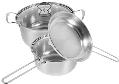 PRETYZOOM Pentole in Acciaio 430 Set Di 3 Pentola Per Zuppa Bollitore Pentola a Vapore Padella Piatta Pentole Per Cucinare Casseruole Antiaderenti Per Uso Domestico