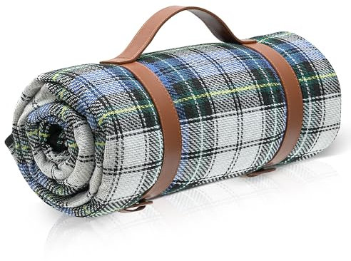 TRIXES XL-Tartan-Picknickdecke – mit hellbraunem Tragegriff – wasserdichte Rückseite – 150 cm x 200 cm – ideal für den Strand, Parks und Festivals.