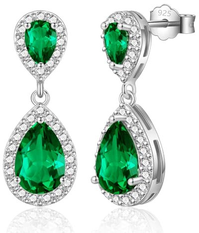 USEEDOVIA Ohrringe Grün Tropfen Glitzer Ohrstecker AAA Zirkonia Stecker Silber 925 Wassertropfen Smaragd großer Anhänger Weiß Vergoldet Hochzeit Schmuck Braut Wedding Bride