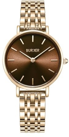 BURKER Damenuhr Ruby Petite, Runder Damen Armbanduhr Klassisch Analog Wasserdicht 3 ATM Geschenk für Frauen Geburtstag Valentinstag - Gold Braun - 28 mm