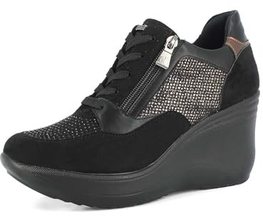 inblu Sneaker Donna con Lacci e Cerniera, Tacco 8cm, Scarpe da Ginnastica, Nero, 39 EU
