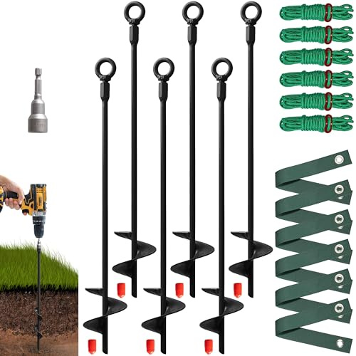 VASGOR Lot de 6 piquets d'arbre robustes de 45,7 cm et supports pour jeunes arbres, kit de 6 piquets d'arbre avec 6 sangles pour tuteur et corde de 20 m, peut être utilisé avec une perceuse