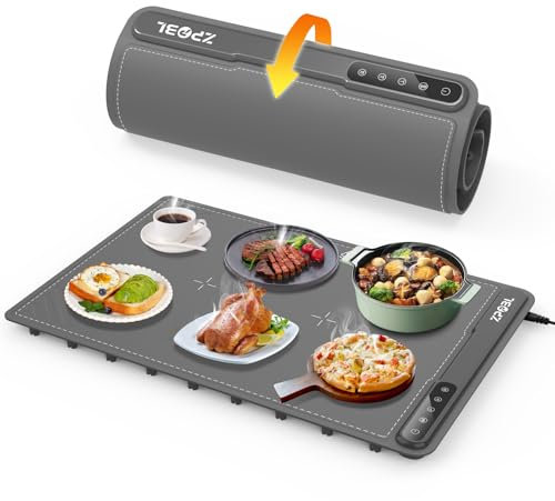 Tappetino riscaldante per alimenti, vassoio riscaldante elettrico (grande 61 x 40,6 cm), riscaldamento rapido su tutta la superficie. Scaldavivande portatile e arrotolabile versatile per piano di