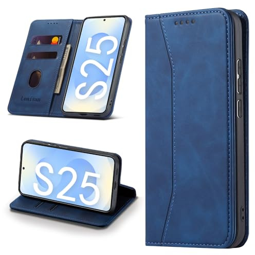 Leaisan Handyhülle für Samsung Galaxy S25 5G Hülle Premium Leder Flip Klappbare Stoßfeste Magnetische [Standfunktion] [Kartenfächern] Schutzhülle für Samsung S25 Tasche - Blau
