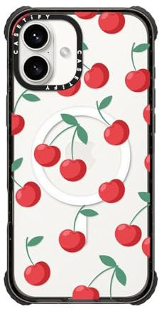 CASETiFY Ultra Impact iPhone 16 Plus Case [Strong Slim / 11.5ft 5X Militray Grade Drop Protection/Compatible with Magsafe] - Cherries - Clear Black