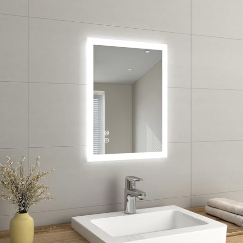 EMKE 450 X 600 mm Backlit Illuminated Bluetooth Speaker Bathroom Mirror with Shaver Socket, Wall Mounted Bathroom Vanity Mirror with LED Lights and Demister Pad, Energy-Saving LED Smart Mirror