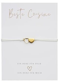 Briefzauber Cousine Geschenk: Set aus Herz-Armband & Karte | schlichtes & minimal Makramee-Armband | BFF/Lieblingsmensch Geschenk, Beste Cousinse (Motiv: Cousine - Gold)