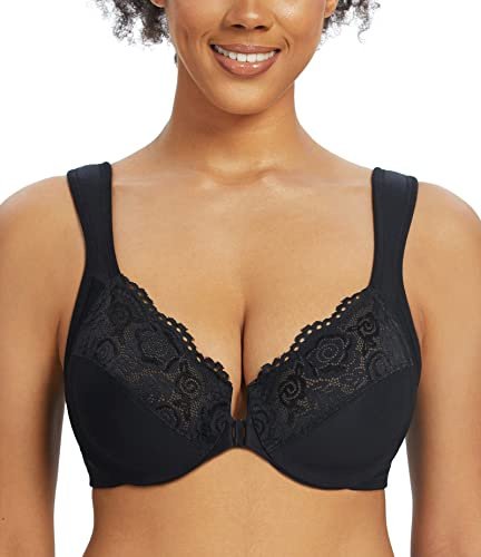 Curyon Reggiseno con Chiusura Frontale da Donna con Ferretto Senza Imbottitura Dorso a U Pizzo Floreale Coppe Intere Taglie Grandi Sostegno Forte Seno Abbondante Reggiseni Classici
