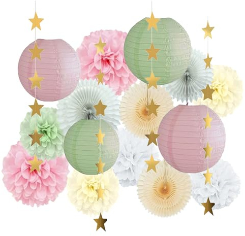 Sage Green Pink Paper Party Decorations, Paper Decorations Hanging Lanterns, Pink White Tissue Paper Pom Poms Sage Green Party Flowers Decoration for Birthday Baby Shower Bridal Engagement
