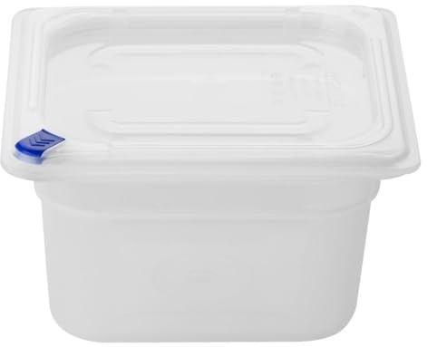 Hygiplas PP 1/6 GN Food Container with Lid 100mm 1.5L, Pack of 4 | Includes 7 color-coded clips to prevent cross-contamination; commercial-grade stock rotation for professional kitchens.