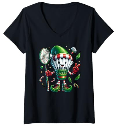 Damen Lustiges Badminton-Elfenmotiv, Friedenshand, Weihnachten, Damen, Herren, Kinder T-Shirt mit V-Ausschnitt