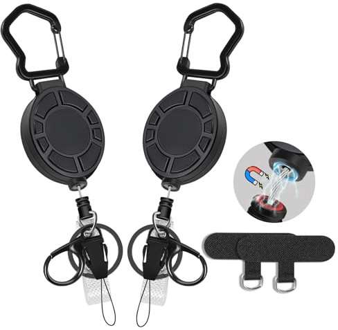 2er-Pack Ausziehbare Schlüsselanhänger Mit Magnet, 31,8 Zoll Stahlseil, | Heavy Duty ABS Gehäuse, Beschichtetes Stahlseil, 2 Handykette Pads, Karabiner, für Schlüssel, Ausweis und Handy