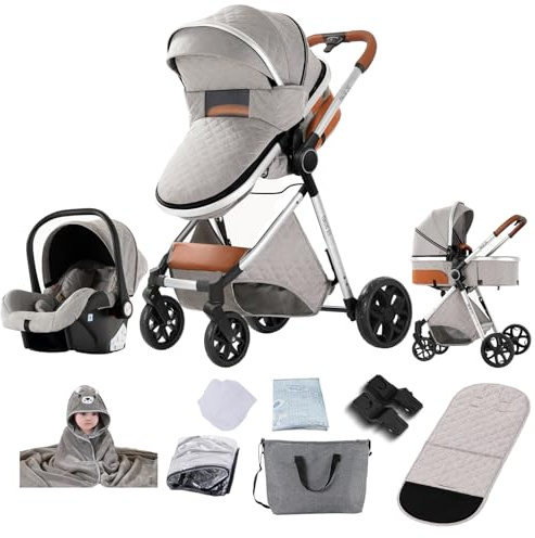 Reenborn Kinderwagen 3 in 1, Buggy mit Ein-Klick-Faltdesign, Kinderwagen mit Zwei Umkehrbaren Schiebemodi, Kombikinderwagen 3 in 1 Komplettset mit Rahmen Aluminiumlegierung (YV9 Light Grey)