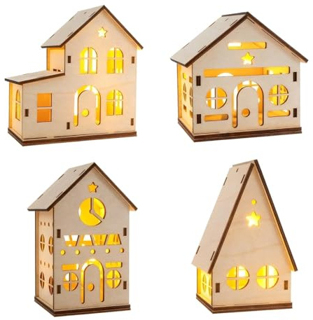 Aitsite LED Holz Weihnachtshaus Weihnachtsdeko, DIY Weihnachtsdorf Häuser Winterdorf Weihnachtlicher Zierschmuck Tischdeko, Miniatur Haus Deko Weihnachtsdorf Mit Beleuchtung, Adventsdeko Weihnachtssch