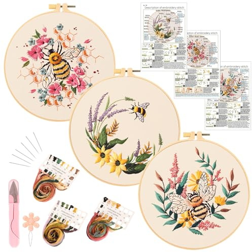 JSRQT 3 Stück Stickerei Starter Set, Gestempeltes Kreuzstich Set für Anfänger Erwachsene mit Bienen Blumen Design, Handgefertigtes Nadelspitzen Stickset mit Rahmen, Anleitung, Nadel und Faden