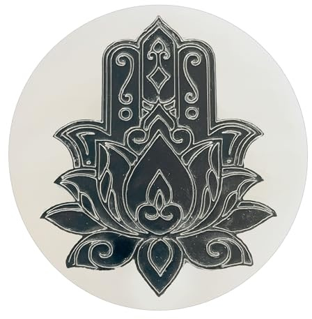 Plaque ronde en sélénite naturelle, 10 cm, disque de charge circulaire en cristal avec gravures mystiques, pour méditation et énergie, nœud de sorcière, 7 chakras, fleur de vie (main de Fatima)