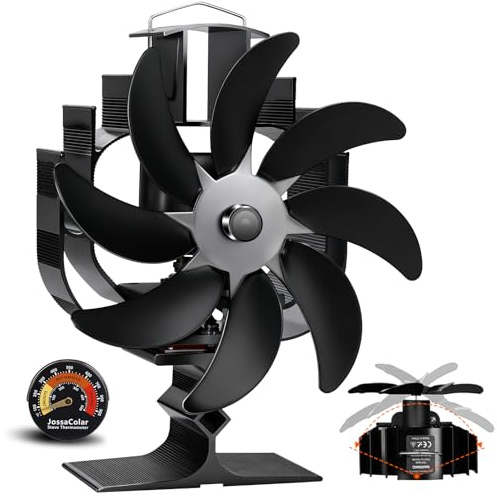 JossaColar Oscillating Wood Stove Fan | Thermal Powered with High Air Volume | 8-Blade Fireplace Fan with Stove Thermometer | Non-Electric Cocoon Fan | Fireplace Accessories Tools