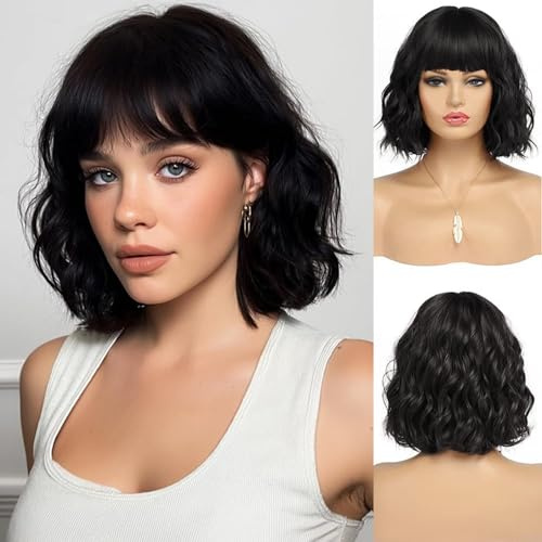 ZXTGBQ Kurze Gewellt Schwarz Perücke mit Pony Gewellt Kurze Bob Perücke für Frauen Synthetische Naturhaar Lockig für Tägliche Party Karneval Fasching Cosplay Tragen