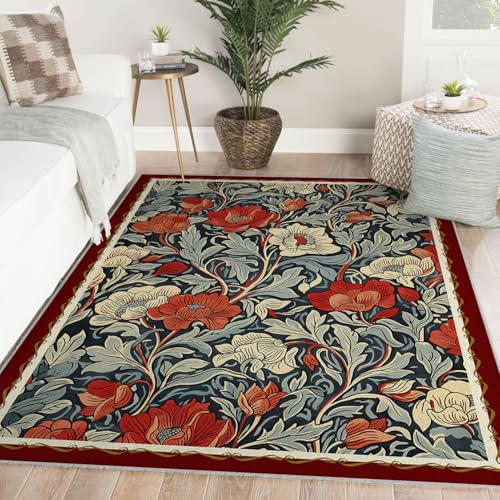 Nostalgie Blumen Teppich 100x150cm William Morris Stil Vorleger Schlafzimmer Schmutzabweisende waschbare Bodenmatte Kinderzimmer Klassischer Retro Blumenmuster Matte Wohnzimmer Home Decor Läufer