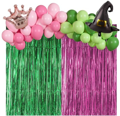 Pink & Green Witch-Themed Birthday Decorations Set, Foil Fringe Curtains with Star & Magic Hat Balloons, Latex Balloons for Magic Party Decorations