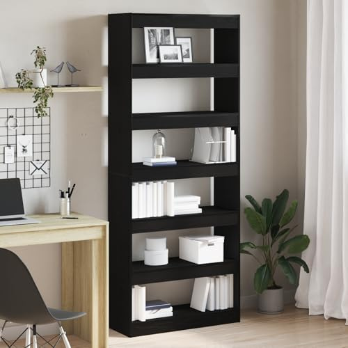 WEMYUFURN Bücherregal Raumteiler Schwarz Eiche 80x30x198 cm mit 6 Regalen, Stauraum Lösung für Bücher und Deko, Robuster Holzwerkstoff, Wandbefestigung für Sichere Stabilität, Moderner