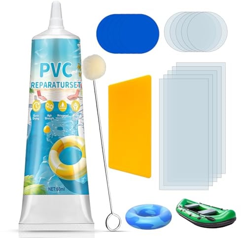 Miioto Wasserbett Reparaturset, Flickzeug Luftmatratze, Pool Reparaturset, Wasserdicht PVC Kleber und Flicken für Pool, Wasserbett, Schlauchboot, Zelte & Kajak (60ml)