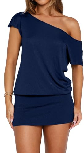 LEEDYA Women's One Shoulder Mini Dress Sexy Batwing Sleeve Date Dresses