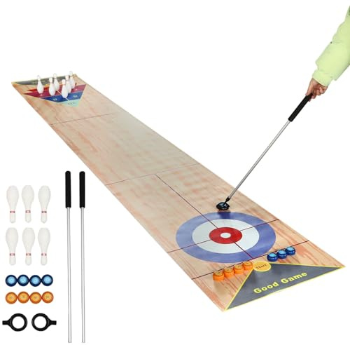 3 in 1 Curling Spiel, Tisch Spiele mit 8 Shuffleboards + 6 Bowlingflaschen + Curling Kombi + 2 Putter Faltbarer Bahnmatte Eisstockschießen Tisch Curling für Kinder & Erwachsene