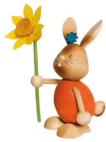 Drechslerei Kuhnert Osterdekoration/Osterhase „Stupsi Hase mit Blume“ 11 cm hoch, aus feinstem Holz, für EIN Bezauberndes Osterfest oder eine dauerhafte Dekoration, Holzkunst Made in Germany